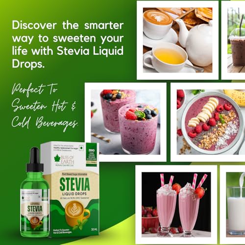 Bliss of Earth Stevia Liquid Drops Sugar free Zero Calorie Diabetic and Keto Friendly Sugar Substitute Glycerin Free 99.8% REB Glass Bottle Pack 30ml