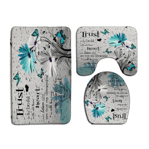Farmhouse Floral 3 Pcs Bath Rugs Set,Rustic Teal Daisy Flower Butterfly Inspirational Quotes Raindrop Background Bathroom Kitchen Rug with 17.8
