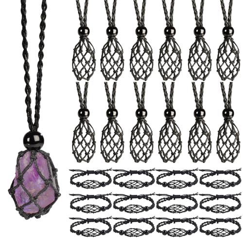 LERSUSI 24 PCS Crystal Necklace Gemstone Bracelet Adjustable Crystal Necklace Pendant Cord Hand Woven Ropes for Jewelry Making (Black Set)