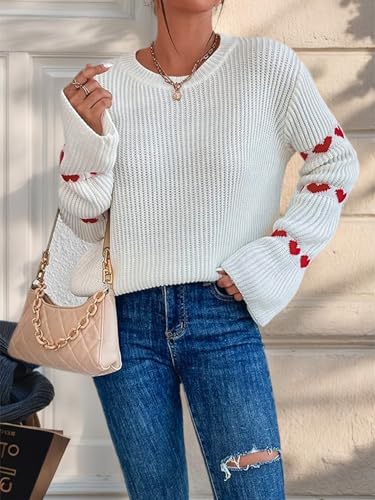 Image of Women's Casual Heart Cute Sweater Round Neck Drop Shoulder Long Sleeve Knitted Pullover Sweater Top