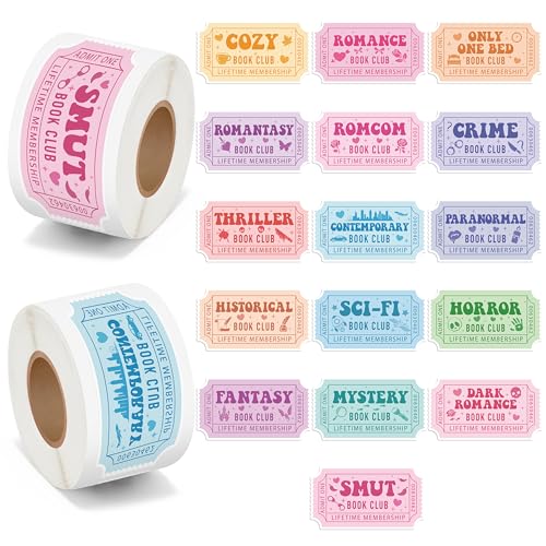 Image of Book Ticket Sticker Roll - 2 Rolls Waterproof Vinyl Ticket Design Self Adhesive Library Decals for Laptop Water Bottle Journal Scrapbook Reading Log Reward Chart Classroom Bulletin Board Gift