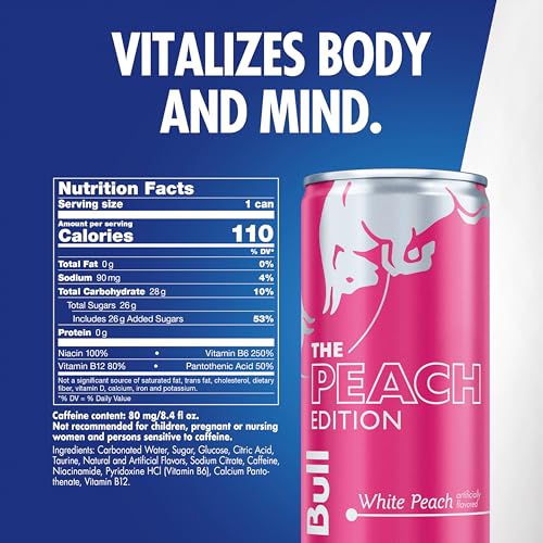 Image of Red Bull Peach Edition Energy Drink, White Peach, 8.4 fl. oz., Pack of 8, with 80mg Caffeine, Taurine & B Vitamins