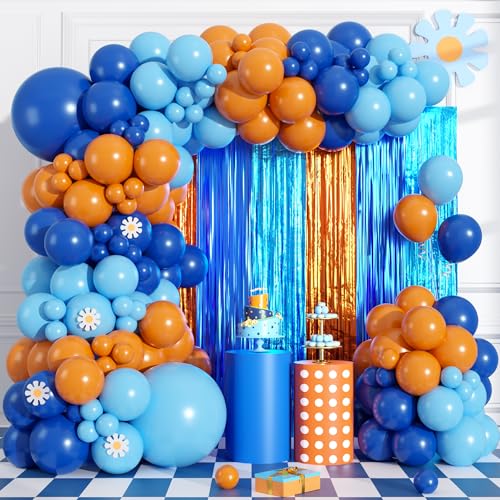 Image of Blue Orange Balloon Arch Garland Kit Birthday Party Decorations, Orange Blue and Light Blue Foil Fringe Curtains Backdrop Tinsel Streamers Banner Photo Booth Props Dog Themed Party Decor Supplies
