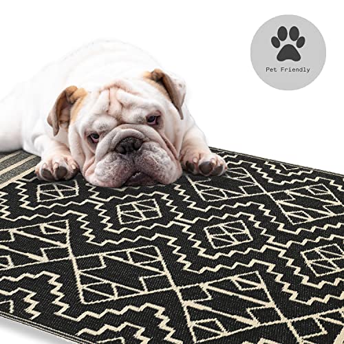 Fab Habitat Outdoor Rug - Waterproof, Fade Resistant, Crease-Free - Premium Recycled Plastic - Tribal Boho Neutral - Large Patio, Deck, Sunroom, Camping, RV - Kilimanjaro - Black - 6 x 9 ft