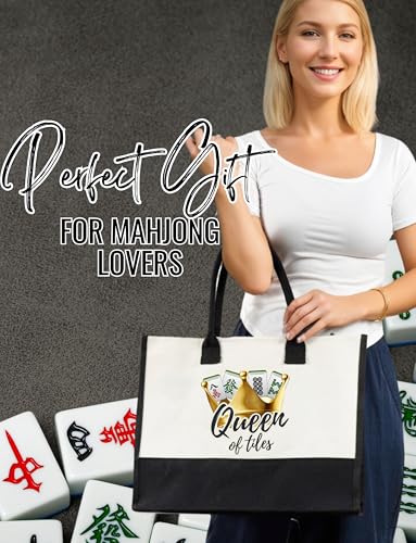 Image of InnoBeta Mahjong Gifts for Women, Mahjong Canvas Tote Bag with Zipper Closure & Shoulder Strap, Mahjongg Gifts for Birthday