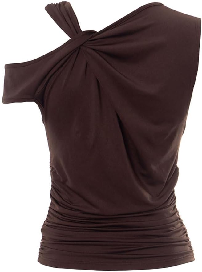 Brown Twist Strap One Shoulder Sexy Crop Tank Tops for Women Asymmetrical Neck Ruched Slim Y2K Shirt Sleeveless - Image 5