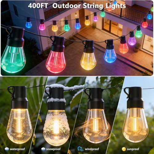 Image of AILBTON RGB+IC 400FT Outdoor String Lights Bulbs IP67 Waterproof LED Color Changing Smart App Hanging Shatterproof Light with Remote Controller for Outside, Patio, Backyard, Garden, Party
