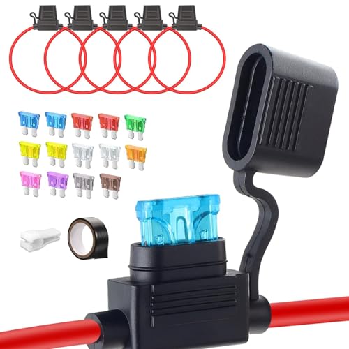 5Pcs Standard Inline Fuse Holder,12/16AWG, with 14 Pcs Fuses(2A 3An 5A 7.5A 10A 15A 20A 25A 30A 35A),Puller and Tapes for Car Truck Motorcycle