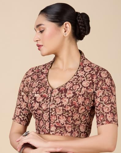 Image of Studio Shringaar Women Cotton Kalamkari Printed with Elbow Length Sleeves Readymade Saree Blouse