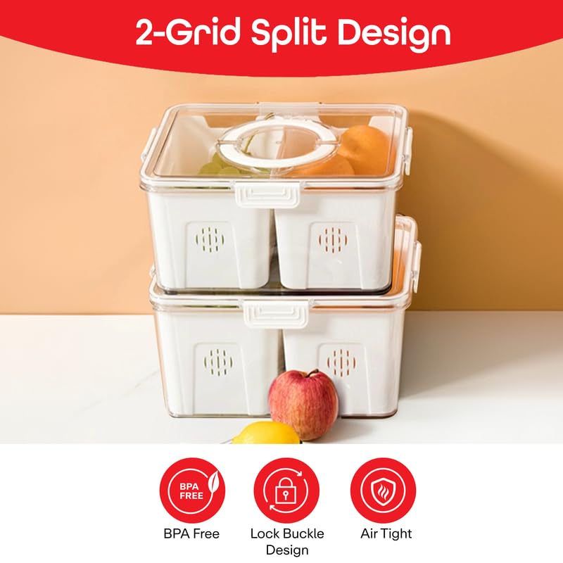 PRIME PICK 2 Compartment PET Fridge Storage Box Food Grade Material Clear Easy View Design with Handles Refrigerator Organizer White Standard Size 3