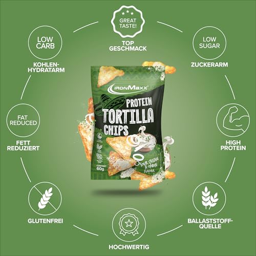 IronMaxx Protein Tortilla Chips – Sour Cream & Onion 60g | Knusprige Eiweißchips aus Soja & Maniok | High Protein Snack | Low Carb, ballaststoffreich & glutenfrei | Ideal für Fitness & Diät