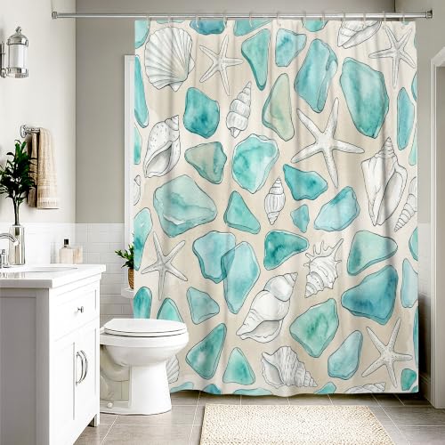 Rideau de douche extra long 183x243cm en polyester imperméable motif plage turquoise