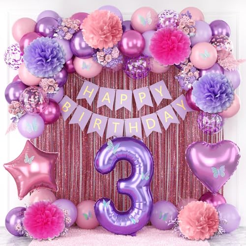 Pink Purple 3rd Birthday Party Decorations for Girls Number 3 Balloon Happy Birthday Banner Butterfly Stickers Fringe Curtain Paper Pom Poms Metallic Hot Pink Star Foil Balloons 3 Year Old Princess