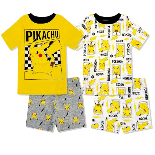 Pokmon Boys Pajama Set - 4 Piece Short Sleeve & Shorts Pajama Set - 100% Cotton PJs Snug-Fit Kids Summer Pajamas White Yellow