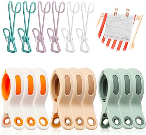 Beach Towel Pegs 9Pcs Large Laundry Clips Windproof Plastic Quilt Clips with 6Pcs Laundry Hooks Colorful Soft Grip Beach Towel Clamps for Sunbed Sun Lounger