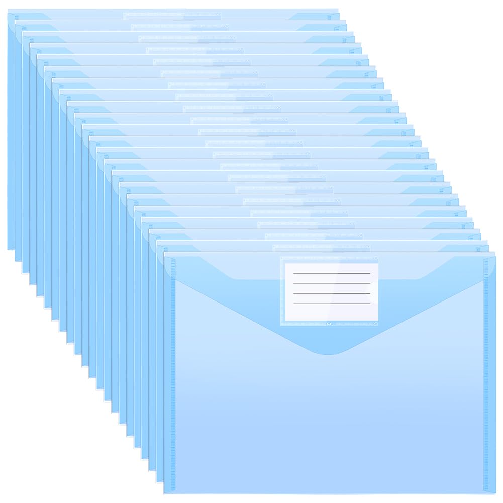 100 buste in plastica, formato A4, per documenti, con tasca per etichette e bottone a pressione, in plastica trasparente, per casa, lavoro, ufficio, colore: azzurro