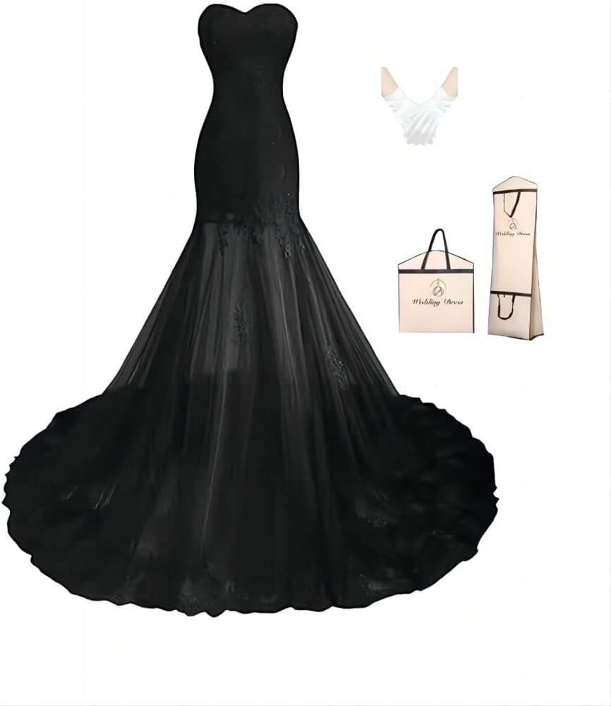 Black Sweetheart Strapless Mermaid Lace Wedding Dresses for Bridal Gowns TK34