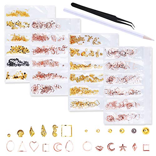 WOKOTO 4 Pack Rose Gold Hollow Nail Art Studs Set 3D Nail Charm Ocean Circular Metal Nail Rivet Kit Manicure Jewelry Decoration With 1Pc Tweezers
