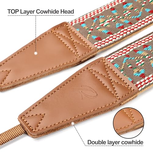 Image of Padwa Lifestyle Matte Gold Camera Strap - 2 inch Full Grain Leather Ends Camera Straps for Photographers, Vintage Embroidered Cotton Weave Soft Suede Fabric Padded Strap Quick Release fits All Cameras