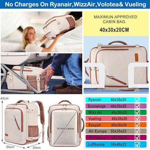 WENIG Sac 40x30x20 Bagage Cabine 40x30x20 pour Ryanair Sac à Dos Voyage Cabine Avion pour Wizzair 24L Sac à Dos Voyage Femme Bagage à Main avec USB Charging Port Beige-brun – Image 2