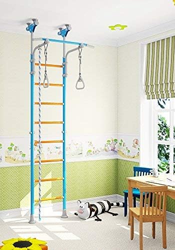 Kids Playground Play Set for Floor & Ceiling / Indoor Training Gym Sport Set with Accessories Equipment: Climber, Gymnastic Swing Rings, Climbing Rope / Home, School, Playroom / WallBarz Family