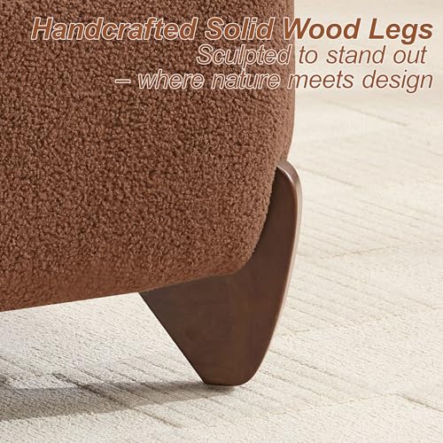 Image of WUTUTUEE 28.7 inch Sherpa Boucle Ottoman with Solid Wood Legs, Modern Upholstered Footstool, Comfy Ottoman for Living Room, Bedroom, Caramel