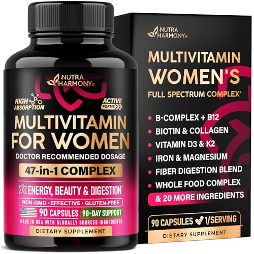 Multivitamin for Women - B-Complex | Whole Foods | Hair Growth Support | Digestion & Metabolism | Iron - 47in1 Womens Multivitamin - Bioavailable & Gentle on Stomach - Made in USA - 90 Capsules