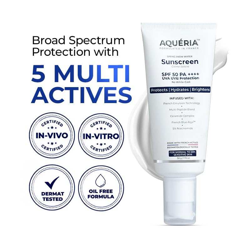 Image of Aqueria Brightening & Moisturizing Multi-Active French Sunscreen SPF 50 PA++++ | In-Vivo /In-Vitro Tested | 5% Niacinamide, 5 Ceramides & Vitamin E | Modern UV Filters | Broad Spectrum UVA /UVB & Blue Light Protection | Lightweight, No White Cast, Sweat Resistant | Suitable for Daily Use | For Normal, Dry & Sensitive Skin | Pack of 2 (30g)