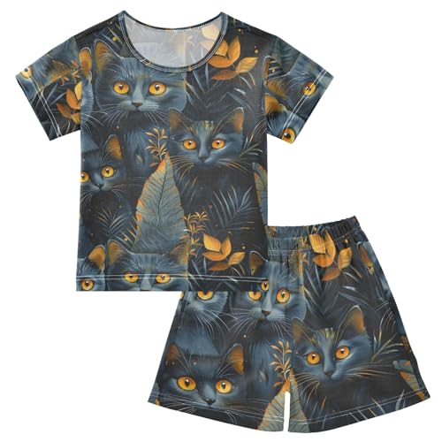 ALAZA Cat Kitten Leaves Magic Pajamas Short Sleeve 2 Piece Sleepwear Top and Bottom Pajama Set Unisex