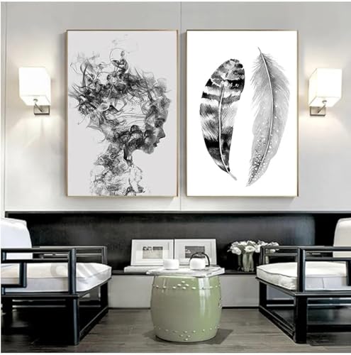 Décoration murale salon scandinave, duo d'affiches plumes abstraites 40x60cm noir et blanc