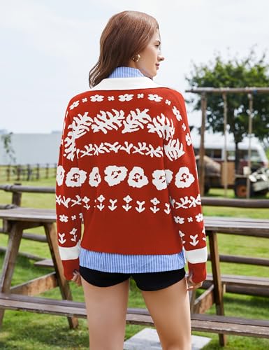 MISSACTIVER Floral Print Button Down Cardigan Sweaters for Women Long Sleeve V Neck Open Front Knit Crop Tops Fall Jacket Red — view 4