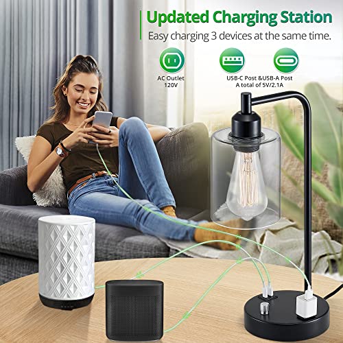 Lediary Set Of 2 Industrial Table Lamps With Ac Outlet And 2 Usb Ports, Fully Stepless Dimmable Bedside Lamps, Nightstand Lamp With Glass Shade For Bedroom, Living Room, Office, 2200K Bulbs Included #TOP3