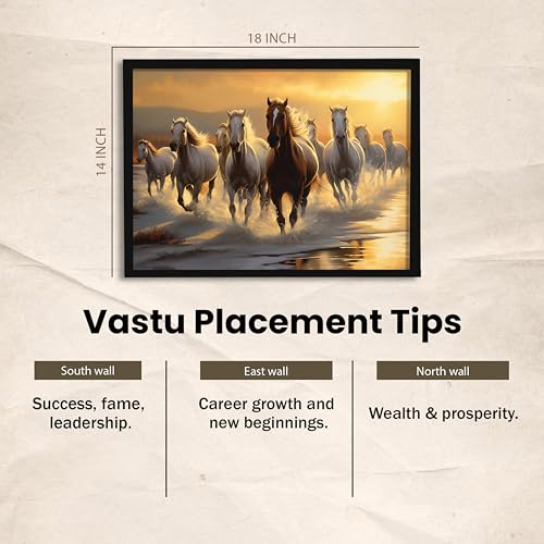 Image of 9 Running Horses Vastu Framed Wall Art Painting | Strength & Forward Energy Nine Horse Painting With Frame for Living Room, Home & Office, 14x18 Inch