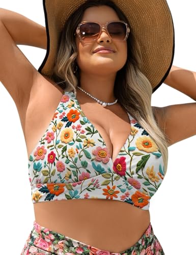 Curvtide Floral Bikini Tops Women Plus Size Bathing Suit Top Only Swim Suit Built-in Padded Swim Bra Large Bust Bikinis XL(Sunflower 2XL)