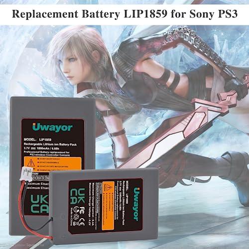 Uwayor PS3 Controller Battery, 2 Pack PS3 Battery Replacement for Sony PlayStation 3 Dualshock 3 CECHZC2E CECHZC2U Controller, LIP1359 LIP1472 LIP1859 Model with USB Cable and Tools
