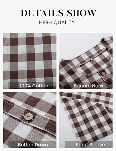 PUWEI Women's Plaid Button Down Shirts Cotton Short Sleeve Square Neck Gingham Tops Blouses2