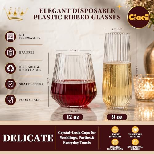 Ciaell 48 Pack Ribbed Plastic Wine Glasses & Champagne Flutes for Wedding - 5