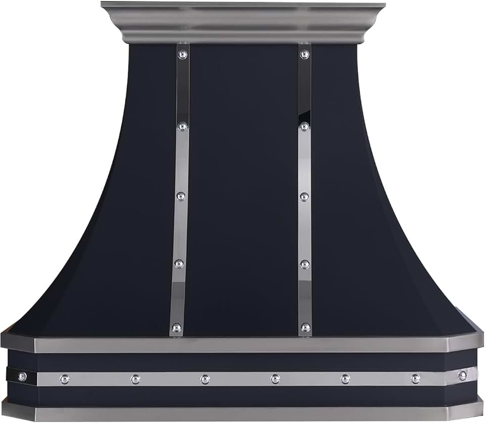Custom Stainless Steel Range Hood, Handmade Kitchen Hood with Powerful Range Hood Insert, Classic Stove Vent Hood with Straps & Rivets, 48"W x 48"H Island Mount, HSI330C-484822MBS