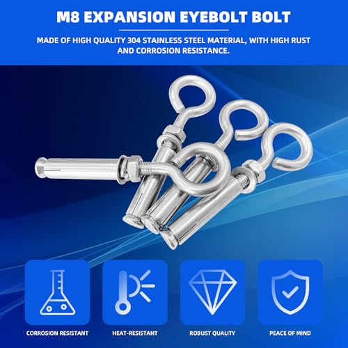 Image of 10Pcs M8x48mm Expansion Concrete Eyebolt Screw Wall Hooks, 304 Stainless Steel Eye Bolt Heavy Duty Bolts Anchors Fastener for Wall Ceiling Concrete Masonry Surface Hanging