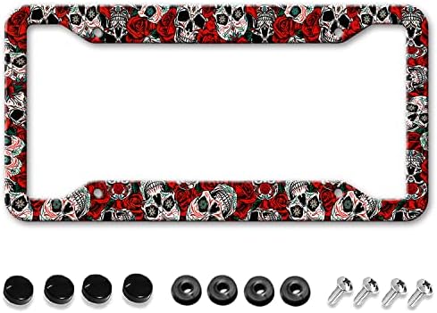 HUIXIA Scary Skulls and Red Rose License Plate Frame Holder License Plate Frames for Men and Women Cute Designs Car Plate Frame Cover(BCW-3)