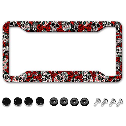 Huixia Scary Skulls And Red Rose License Plate Frame Holder License Plate Frames For Men And Women Cute Designs Car Plate Frame Cover(Bcw-3) #TOP29