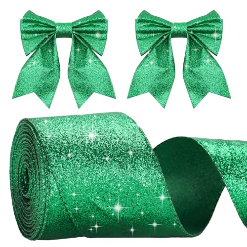 G2PLUS 10M Verde Cinta de Regalo Navideño Brillante 6 cm Cinta de Borde con Alambre Navideñas Cintas Decorativas Para Decoración de árboles de Navidad,Bodas,Moños