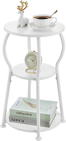 Round Side Table for Small Spaces, 3-Tier Wood Bedside Table, Round End Tables for Living Room, Nursery, Corner, Office, Bedroom, Coffee Side Tables Small End Tables White