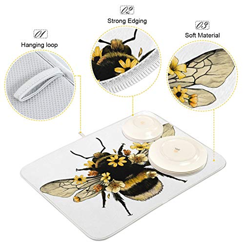 Aflyko Bee Flower Cute Dish Drying Mat Countertop Protector Kitchen Decor 16" × 18" #TOP2