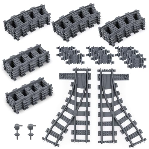 HOTUT 32 PCS City Train Tracks City Railway Rail Set Toy Train Track Extension Pack Compatible with All Major Brand - 8 Straights 2 Crossing 10 Flexible 12 Curved Rails