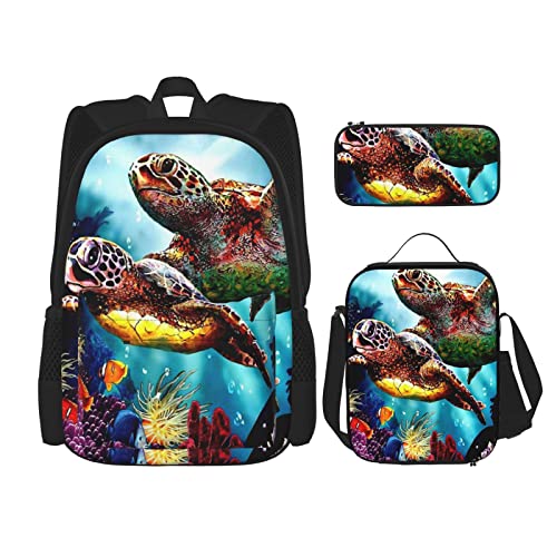 Lot de 3 sacs à dos de voyage personnalisés avec trousse de rangement motif tortues de mer noir