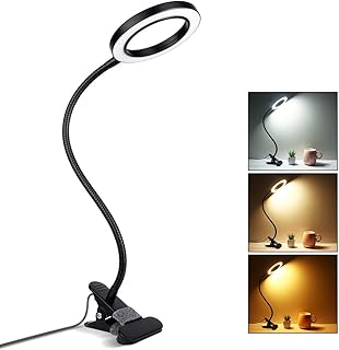 Desk Light Clip on Ring Light, Desk Lamp for Home Office, 3 Modes with 10 Brightness Dimmable Reading Light, Clamp Desk Lamp for Bed Headboard, Craft, Computer, Video Call