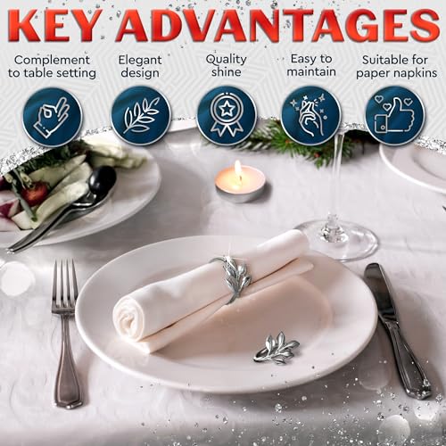 Image of Set of 20 Silver Easter Napkin Rings - Decorative Silver Napkin Rings Set | Napkin Ring Holders with Elegant Leaf Design for Weddings, Parties & Special Occasions, Festive Easter Holiday Table Decor