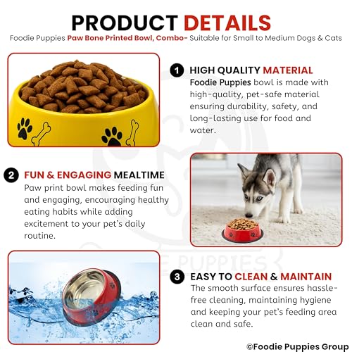 Image of Foodie Puppies Stainless Steel Dog Bowl Combo - (Medium, 700ml) Food and Water Feeding Gift Bowl | Suitable for Dogs, Cats and Other Pets I Paw Bone Print, Anti-Skid Rubber Base (Red + Yellow)