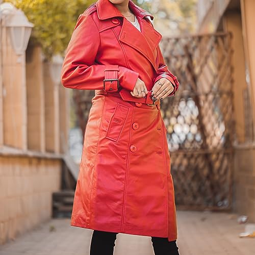 Jild Double Breasted Premium Leather Trench Coat for Women - Classic Lapel Car Coat Style Long Leather Jacket Women with Belt3